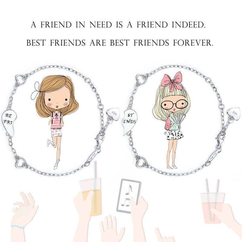 NINAMAID â€œBEST FRIENDSâ€ Engraved 925 Sterling Silver Half Heart Shaped Inspirational Friendship Bracelets Set of 2 - Image 3